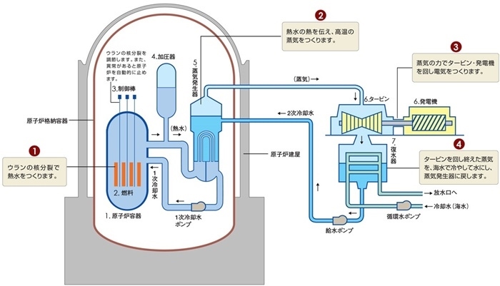核電站運作原理圖。通常的核電站排水未直接接觸核燃料。（圖片來源：日本北海道電力株式會社網(wǎng)站）