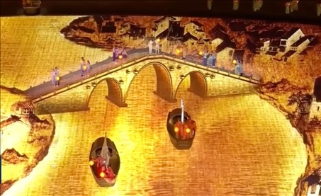 △9月23日，杭州第19屆亞洲運(yùn)動(dòng)會開幕式現(xiàn)場的拱宸橋形象。