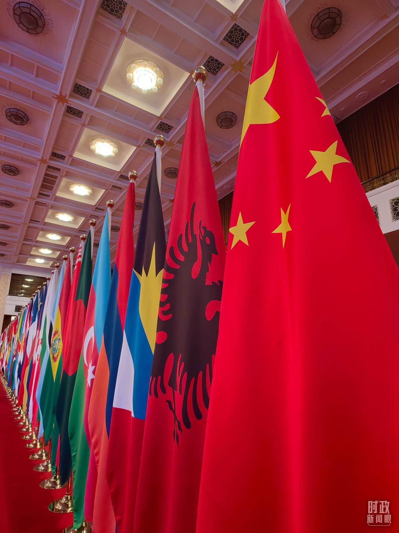 △開幕式會場內(nèi)整齊排列的旗幟。（總臺央視記者楊波拍攝）