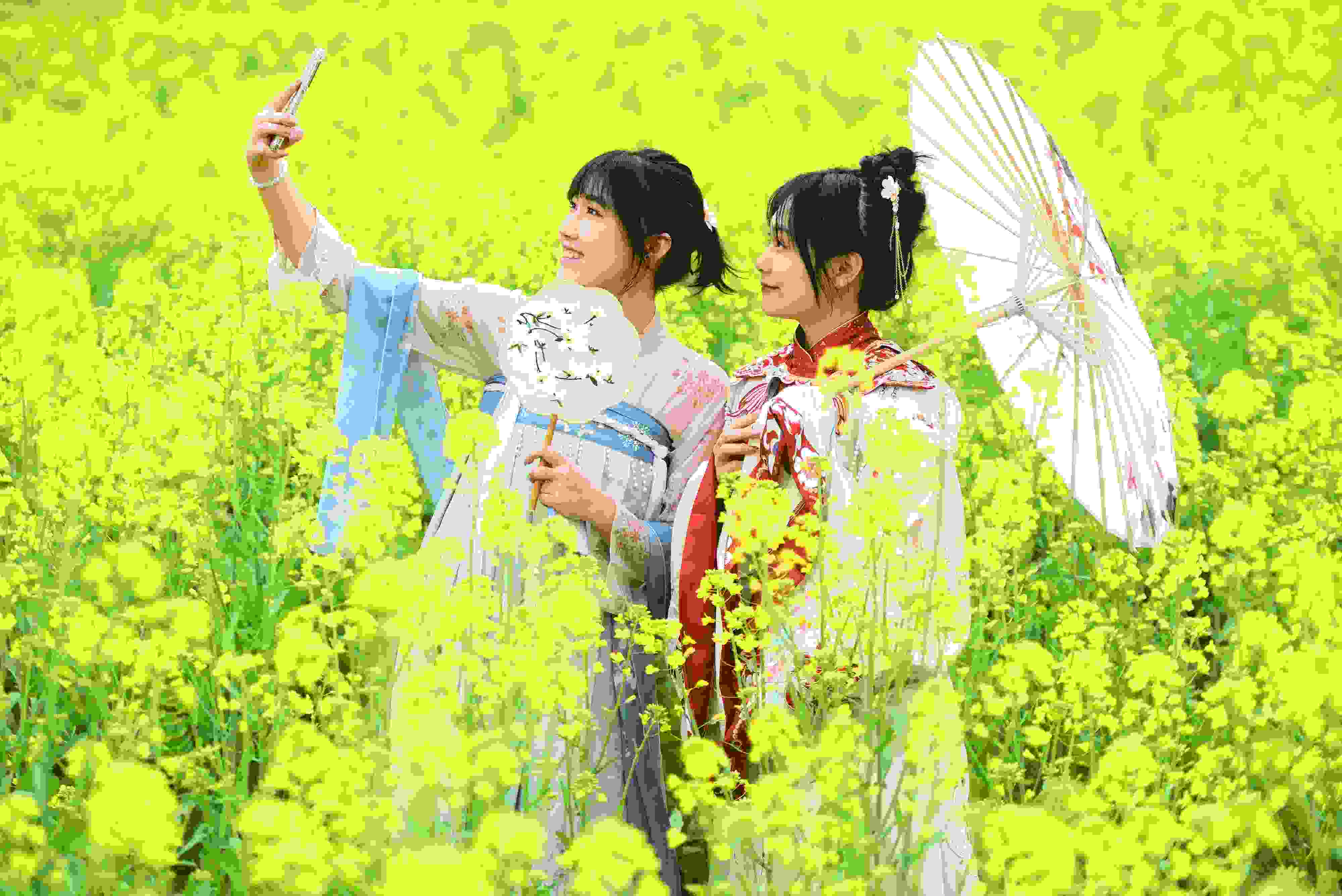 △ 2024年2月16日，廣西賀州，在富川瑤族自治縣麥嶺鎮(zhèn)三民村，游客在油菜花田間賞花拍照。