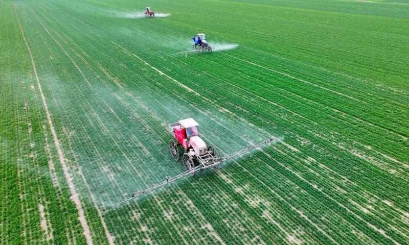 2024年2月18日，安徽省亳州市，利辛縣紀(jì)王場鄉(xiāng)孫老家村麥田，農(nóng)民駕駛自走式高桿噴霧機(jī)對小麥進(jìn)行噴藥作業(yè)。