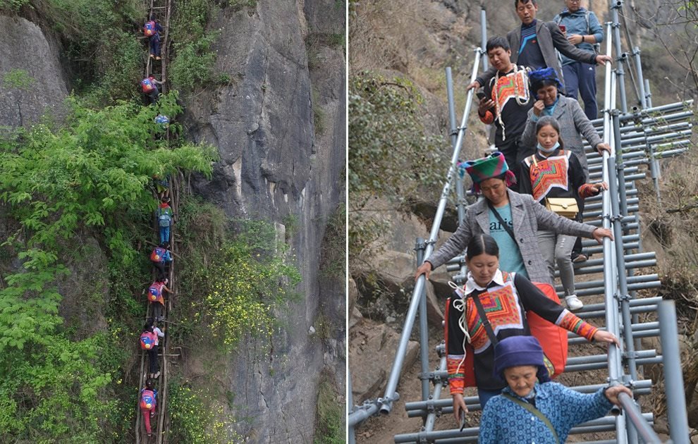 “懸崖村”今昔對比：左圖為2016年5月14日，“懸崖村”的孩子們攀爬木梯回家。右圖為2020年5月13日，“懸崖村”村民帶著行李通過鋼梯下山，搬遷至易地扶貧集中安置點的新家。