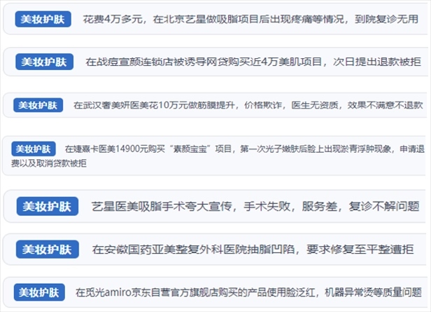 “人民投訴”用戶舉報醫(yī)美未達預(yù)期效果或?qū)е律眢w損傷退款遭拒、機構(gòu)及服務(wù)人員虛假資質(zhì)、被誘導(dǎo)高額醫(yī)美貸、網(wǎng)購美容儀器質(zhì)量不過關(guān)等問題。（“人民投訴”平臺截圖）