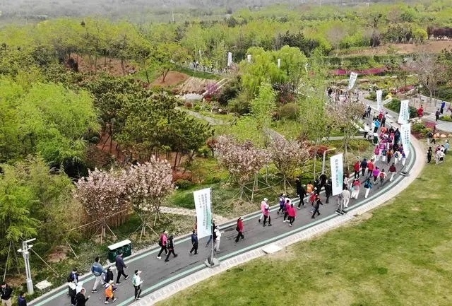 4月27日，登山愛(ài)好者在浮山森林公園參加登山健身活動(dòng)（無(wú)人機(jī)照片）。新華社記者 李紫恒攝