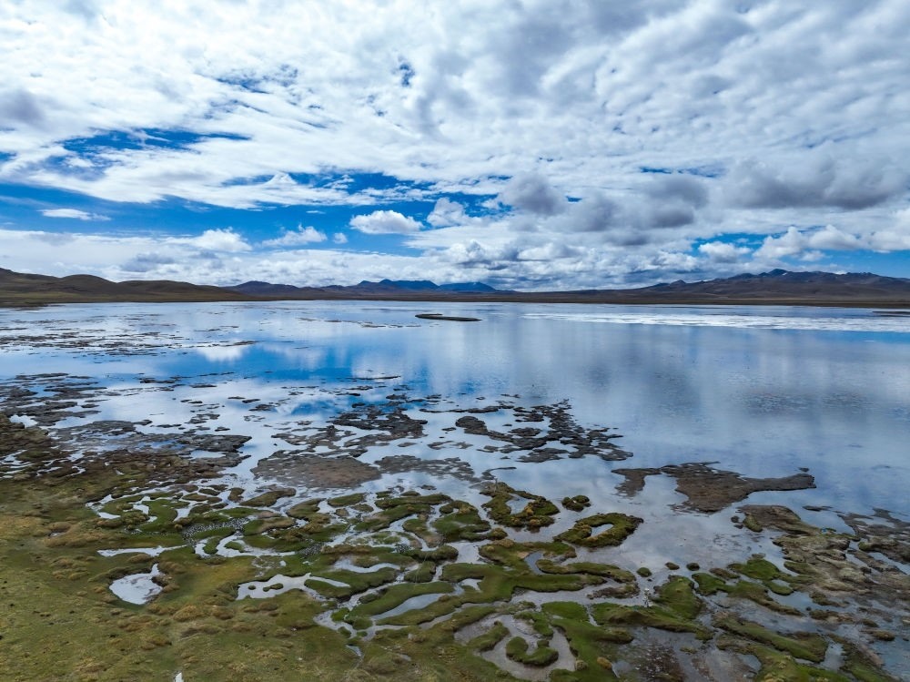 這是2024年5月26日在長(zhǎng)江源頭地區(qū)拍攝的班德湖一角（無(wú)人機(jī)照片）。新華社記者 張龍 攝