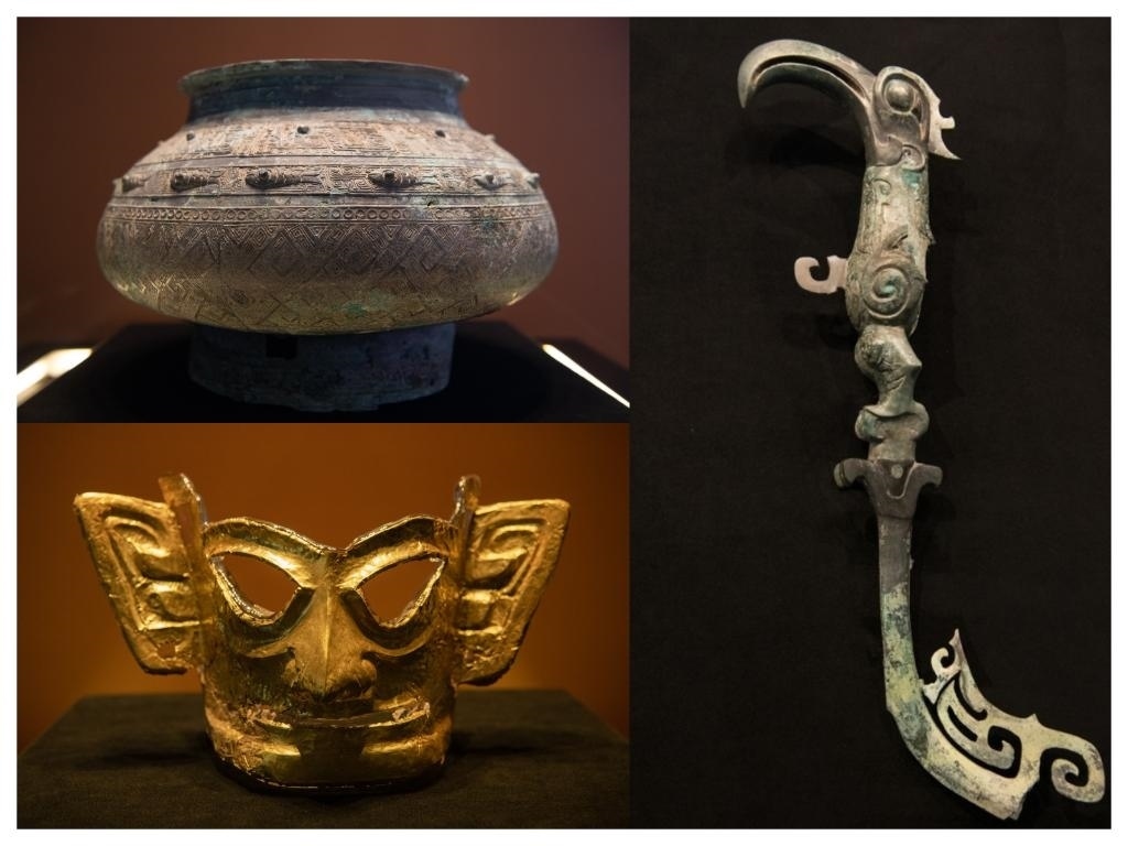 拼版照片：左上圖為青銅瓿，左下圖為黃金面具，右圖為青銅樹(shù)枝。新華社記者唐文豪 攝