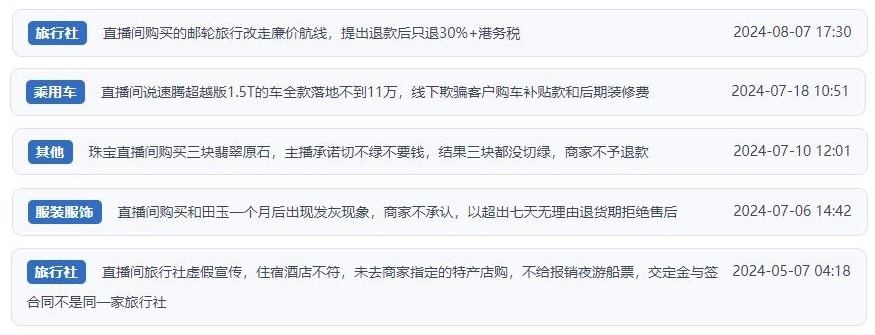 近期網(wǎng)友涉及直播購物相關投訴問題。（“人民投訴”用戶投訴截圖）