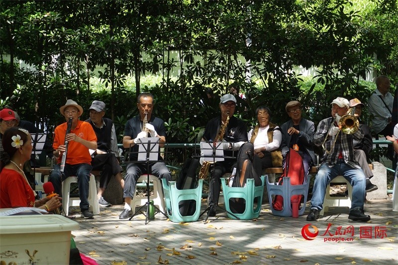 成都居民在公園里演奏歌曲。人民網(wǎng) 王禹蘅攝