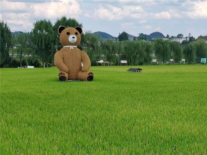 稻穗搖曳，垂柳依依，山嵐多姿，好一幅歲月靜好山鄉(xiāng)恬靜圖。這憨厚俏皮的熊玩偶造型，像是亂入其中，形成現(xiàn)代與傳統(tǒng)、好動(dòng)與寧?kù)o的反差感，讓人過(guò)目不忘，也讓人莞爾一笑。（哈薩克斯坦鳳凰24新聞社總編輯兼首席執(zhí)行官克馬爾·馬山羅攝）