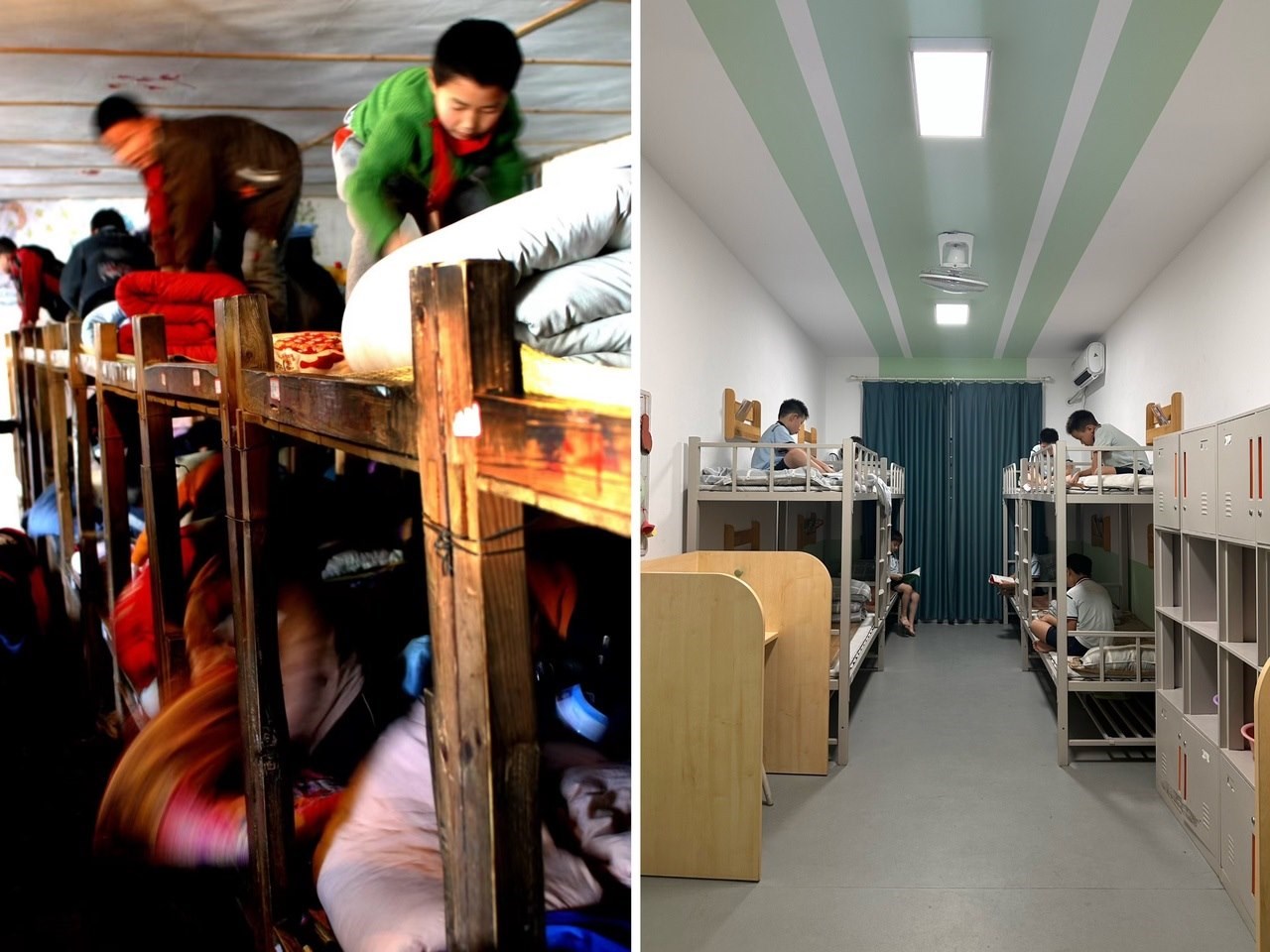 縉云縣東渡鎮(zhèn)長(zhǎng)坑小學(xué)2005年以前的學(xué)生宿舍（左），以及現(xiàn)在的學(xué)生宿舍（右） 學(xué)校供圖