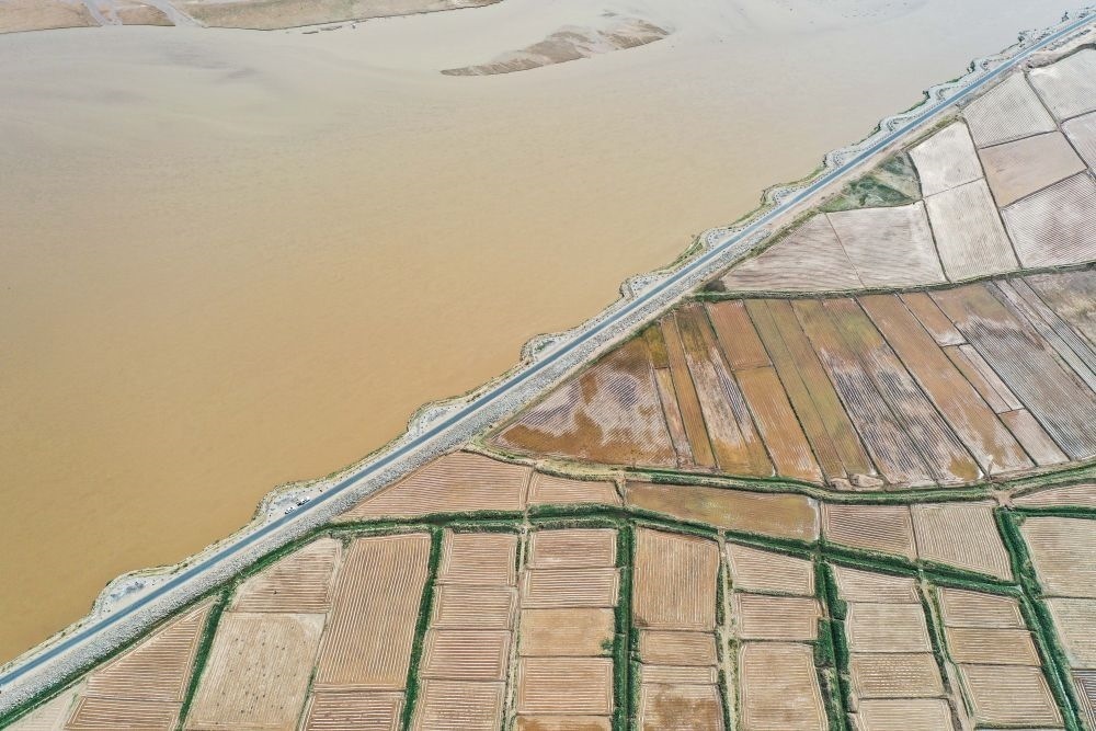 2024年5月26日在內(nèi)蒙古巴彥淖爾市臨河區(qū)拍攝的黃河（無(wú)人機(jī)照片）。巴彥淖爾市位于黃河“幾字彎”北端，擁有富饒的河套灌區(qū)，引黃灌溉面積達(dá)1000多萬(wàn)畝。近年來(lái)，在引黃灌溉工程支撐下，河套灌區(qū)年均糧食總產(chǎn)量達(dá)60億斤以上。