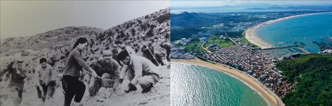 拼版照片：左圖為東山縣群眾在荒山上種植樹苗（資料照片）；右圖為2020年6月18日拍攝的東山縣陳城鎮(zhèn)澳角村附近風(fēng)光（無人機(jī)照片，新華社記者 姜克紅 攝）。