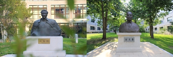 △左圖為中央黨校（國家行政學院）校園內(nèi)的焦裕祿雕塑，右圖為校園內(nèi)的谷文昌雕塑。