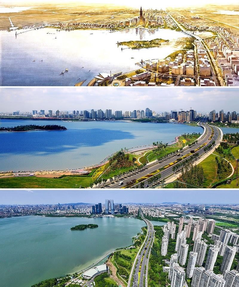 拼版照片：上圖為1994年繪制的蘇州工業(yè)園區(qū)手繪規(guī)劃圖；中圖為2007年拍攝的蘇州工業(yè)園區(qū)；下圖為2023年7月4日用無人機拍攝的蘇州工業(yè)園區(qū)。