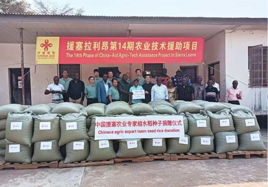 中國援塞拉利昂農(nóng)業(yè)專家組在塞南方省博城舉辦水稻種子捐贈儀式。中國援塞農(nóng)業(yè)專家組供圖