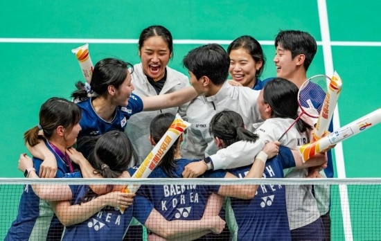 5月3日，韓國隊慶祝晉級決賽。新華社記者 孫非 攝